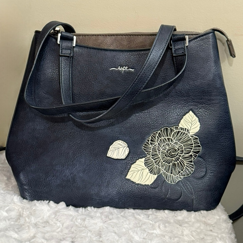Navy Blue Floral Women's Shoulder Bag and Backpack